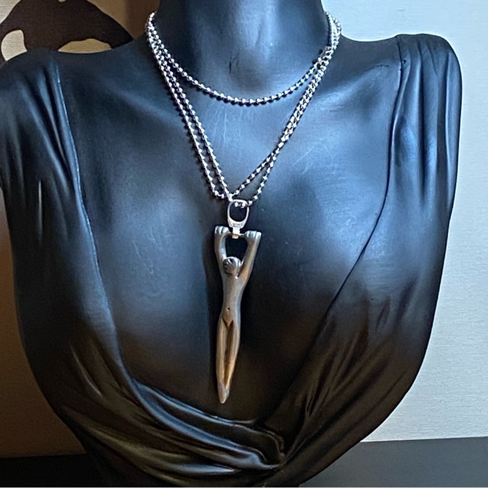 Stylized Human Figure Silver Pendant YKK Silver Tone Chain